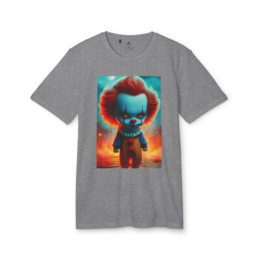 Adidas Unisex Halloween Pennywise Cute T-shirt in grey showcasing a vibrant Pennywise design, blending a whimsical twist on classic horror, perfect for a sophisticated Halloween wardrobe.