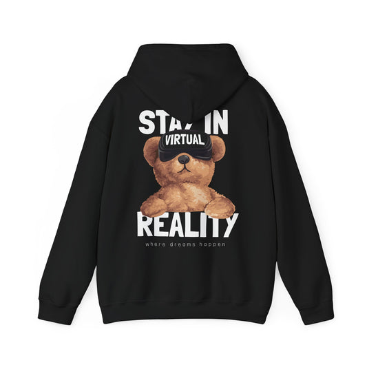 Sophisticated black hoodie showcasing an adorable teddy bear in VR goggles, highlighted by the bold text 'STAY IN VIRTUAL REALITY', ideal for fashion-forward comfort.