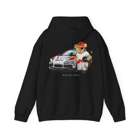 Luxury teddy bear racing hoodie in black, featuring a playful illustration of a teddy bear in racing gear beside a sleek race car, perfect for speed enthusiasts.