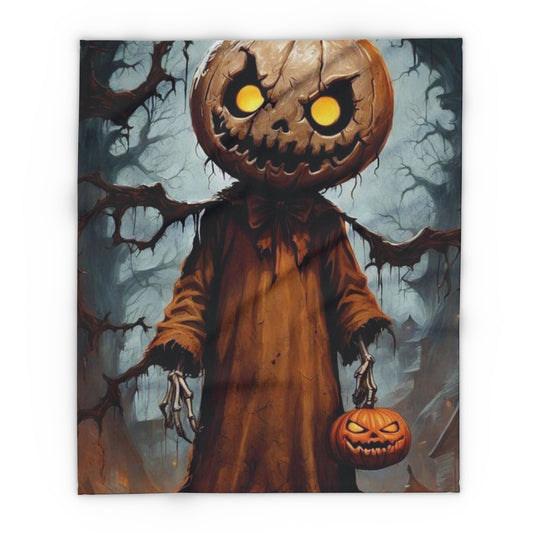 Luxurious Decorative and Warm Halloween Spooky Arctic Fleece Blanket featuring an enchanting pumpkin-headed character amidst a haunting backdrop, perfect for adding a festive touch to your home.