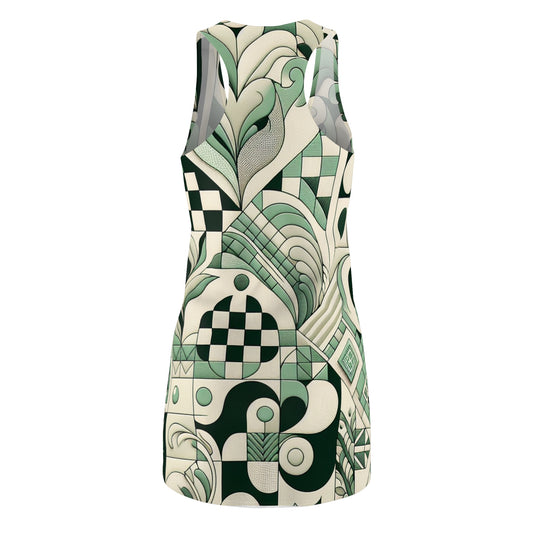Elegant Pastel Green Racerback Dress with Checkerboard Print by Vivienne Lacroix, showcasing intricate geometric patterns and a chic design, perfect for a luxurious wardrobe.