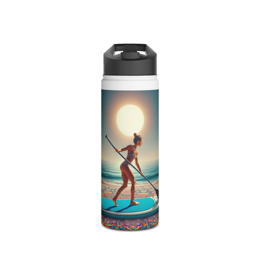Fantasy Paddleboarding Stainless Steel Water Bottle elegantly featuring a paddler against a stunning ocean backdrop, perfect for enhancing your hydration on outdoor adventures.