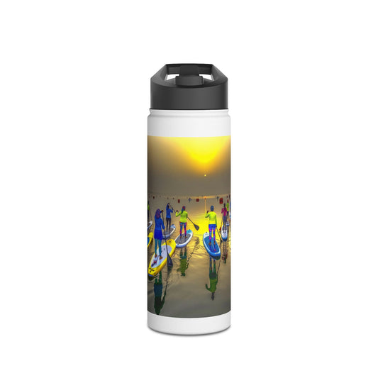 Fantasy Paddleboarding Stainless Steel Water Bottle presenting an artistic view of paddleboarders enjoying a sunset, symbolizing luxury and outdoor exploration.