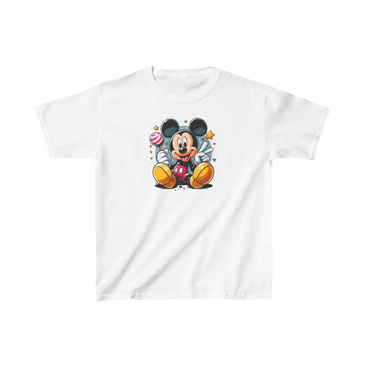 Elegant Child's Mickey Mouse Unisex Graphic Tee Shirt for Kids, showcasing a cheerful Mickey with a lollipop, vibrant hues, and a delightful graphics design on a white background.