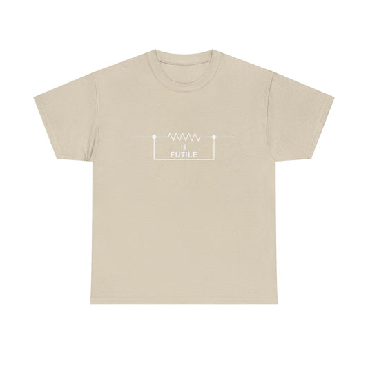 Elegant beige unisex graphic tee shirt showcasing the bold statement 'IS FUTILE' within a sophisticated resistor graphic, ideal for fans of sci-fi culture.