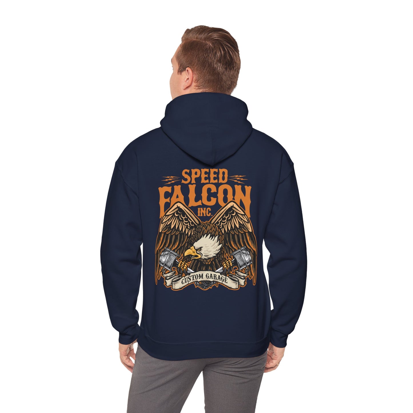 Model showcasing a luxurious navy hoodie with detailed eagle artwork and 'Speed Falcon Inc' branding on the back, perfect for fashion-forward individuals.