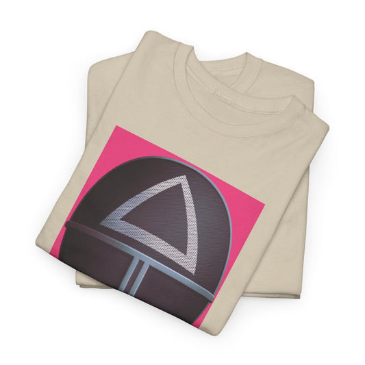 Elegantly stacked Squid Game unisex graphic T-shirts showcasing striking triangular helmet design on a soft cotton fabric.
