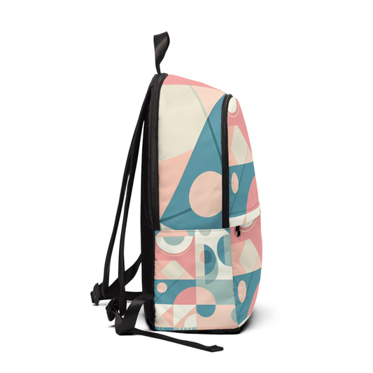 Side view of the Chic Modern Pastel Geometric Backpack featuring a combination of pink, blue, and green geometric shapes, perfect for adding sophistication to any outfit.