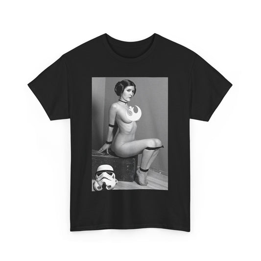 Star Wars Princess Leia Funny Men's Women's Graphic T-Shirt in black, showcasing a vintage graphic of Princess Leia along with a stormtrooper helmet, designed for both elegance and comfort in unisex cotton.
