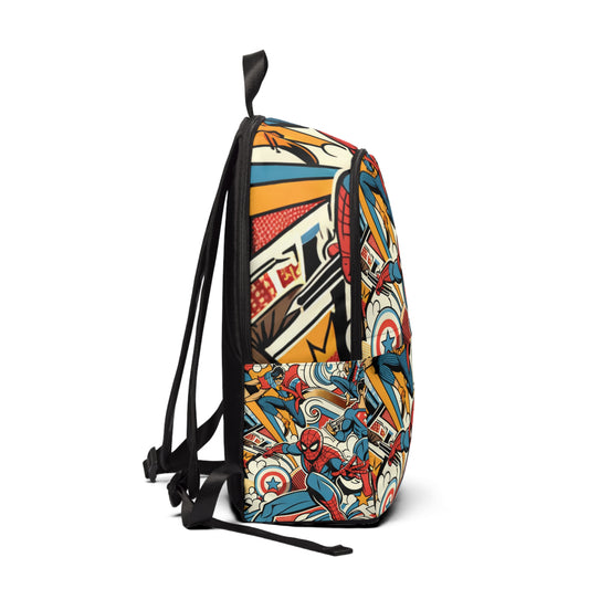 Close-up of the artistic design on the Vibrant Abstract Backpack by Dazzling Dreams Studio, featuring bold colours and a unique blend of pop culture elements.