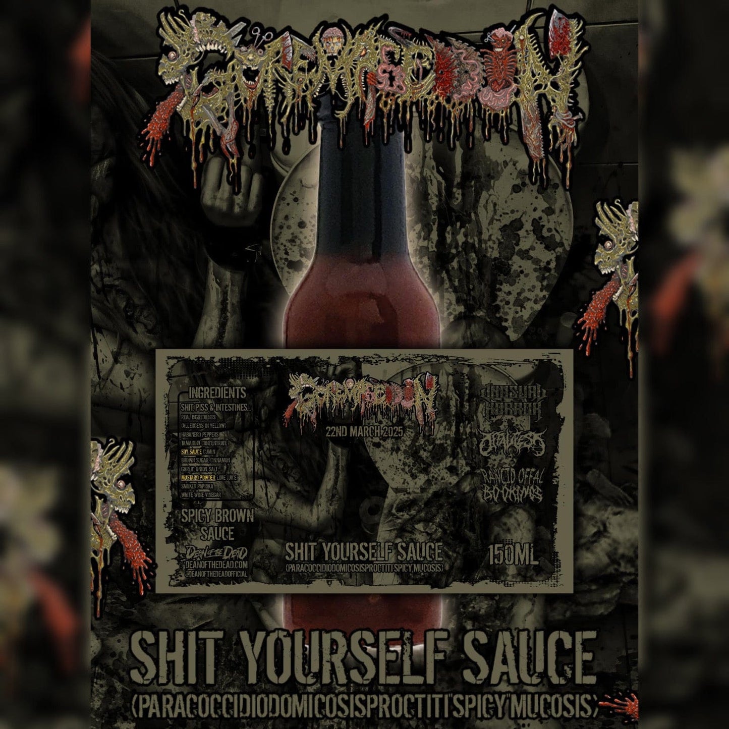 Luxury Goremageddon Shit Yourself Sauce by Rancid Offal Records, featuring a unique blend of habanero peppers and vegan ingredients, adorned with a stylish wax seal.