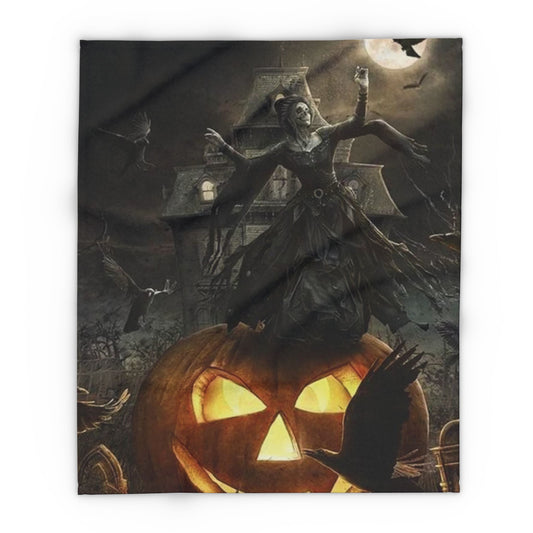 Decorative and Warm Halloween Spooky Arctic Fleece Blanket showcasing a dramatic portrayal of a spectral figure above a luminous pumpkin, surrounded by bats and an eerie landscape.