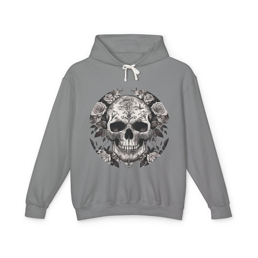 Front view of a Unisex Lightweight Hooded Sweatshirt highlighting a striking skull and roses design, perfect for stylish individual expression.