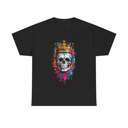Elegant black t-shirt showcasing a striking stylized skull adorned with a golden crown and vivid paint splatters in blue, pink, and orange, ideal for a sophisticated look.