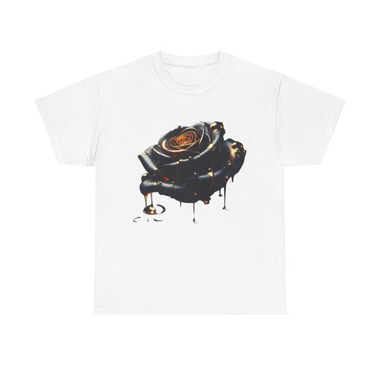 Elegant Close-Up Abstract Rose Unisex Cotton Tee Graphic T Shirt in white showcasing a captivating rose illustration with flowing copper colours, perfect for stylish outings.