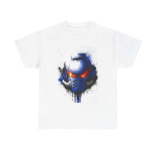 Luxury urban streetwear t-shirt in white showcasing an eye-catching blue helmet graphic with intense red highlights, perfect for making a bold fashion statement.