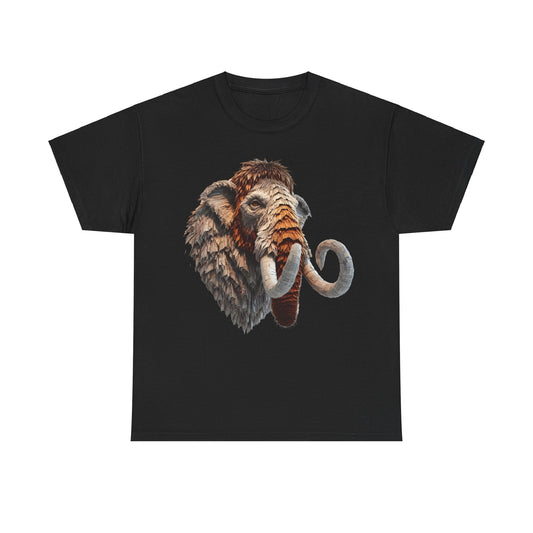 Mammoth Majesty Unisex Graphic Tee in black, showcasing a stunning representation of a mammoth crafted with a newspaper-inspired design, perfect for making a bold style statement with an artistic flair.