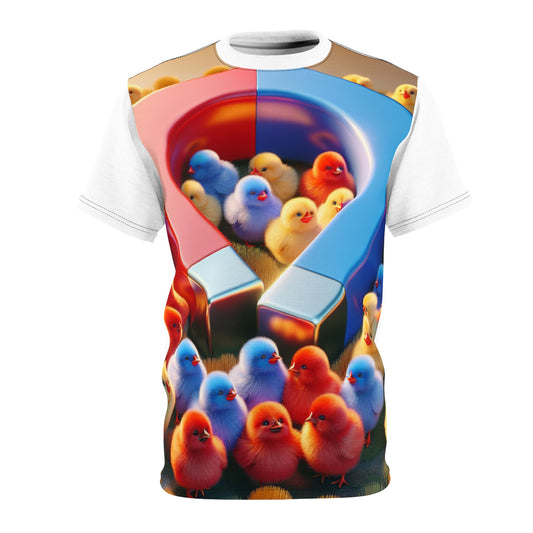 Chick Magnet Graphic Tee highlighting an eye-catching graphic of adorable chicks and a bright horseshoe magnet, perfect for making a luxury fashion statement with a playful twist.
