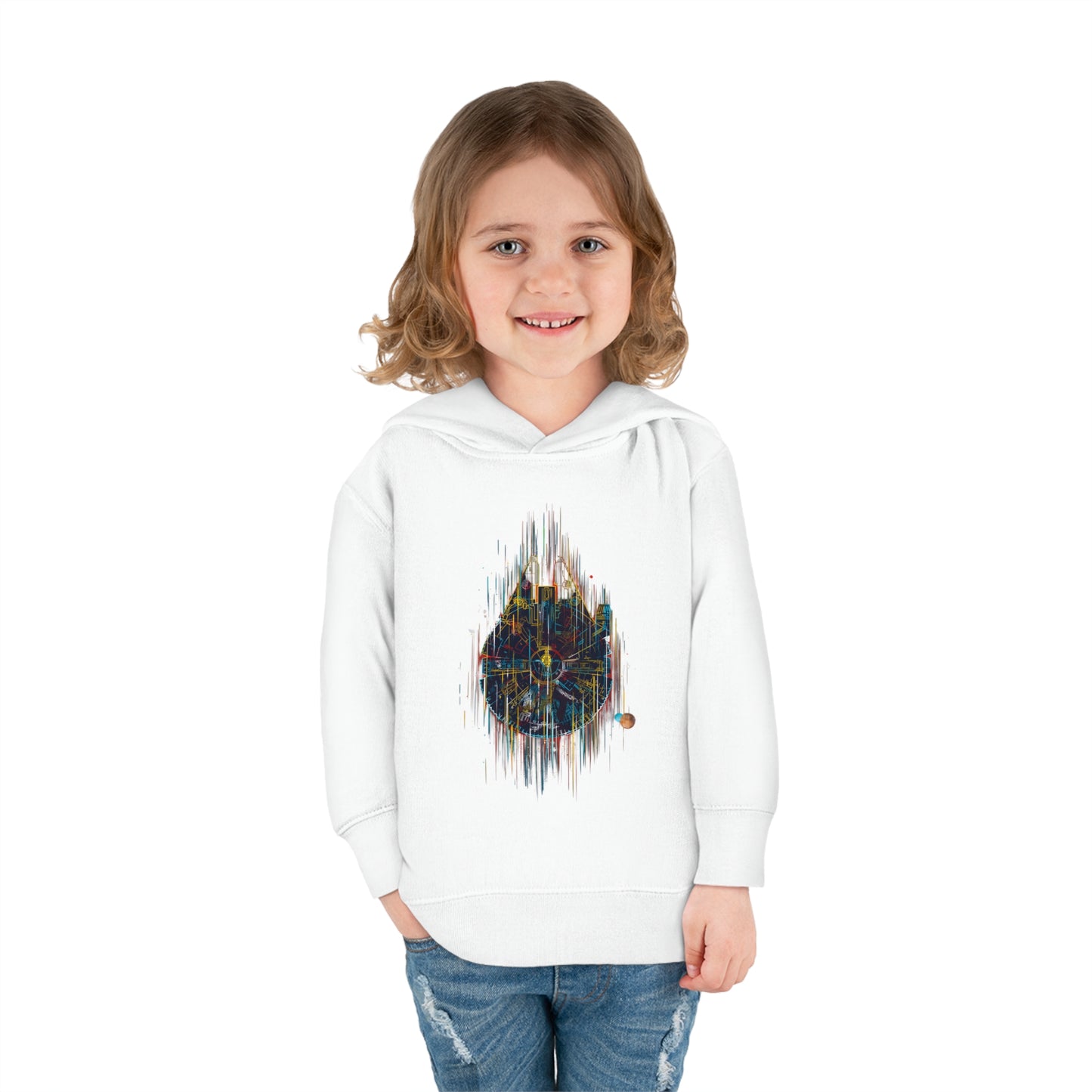 Young girl wearing the exquisite white Millenium Falcon Hoodie, tailored for children aged 2-5 years, featuring a captivating graphic, perfect for adventures.