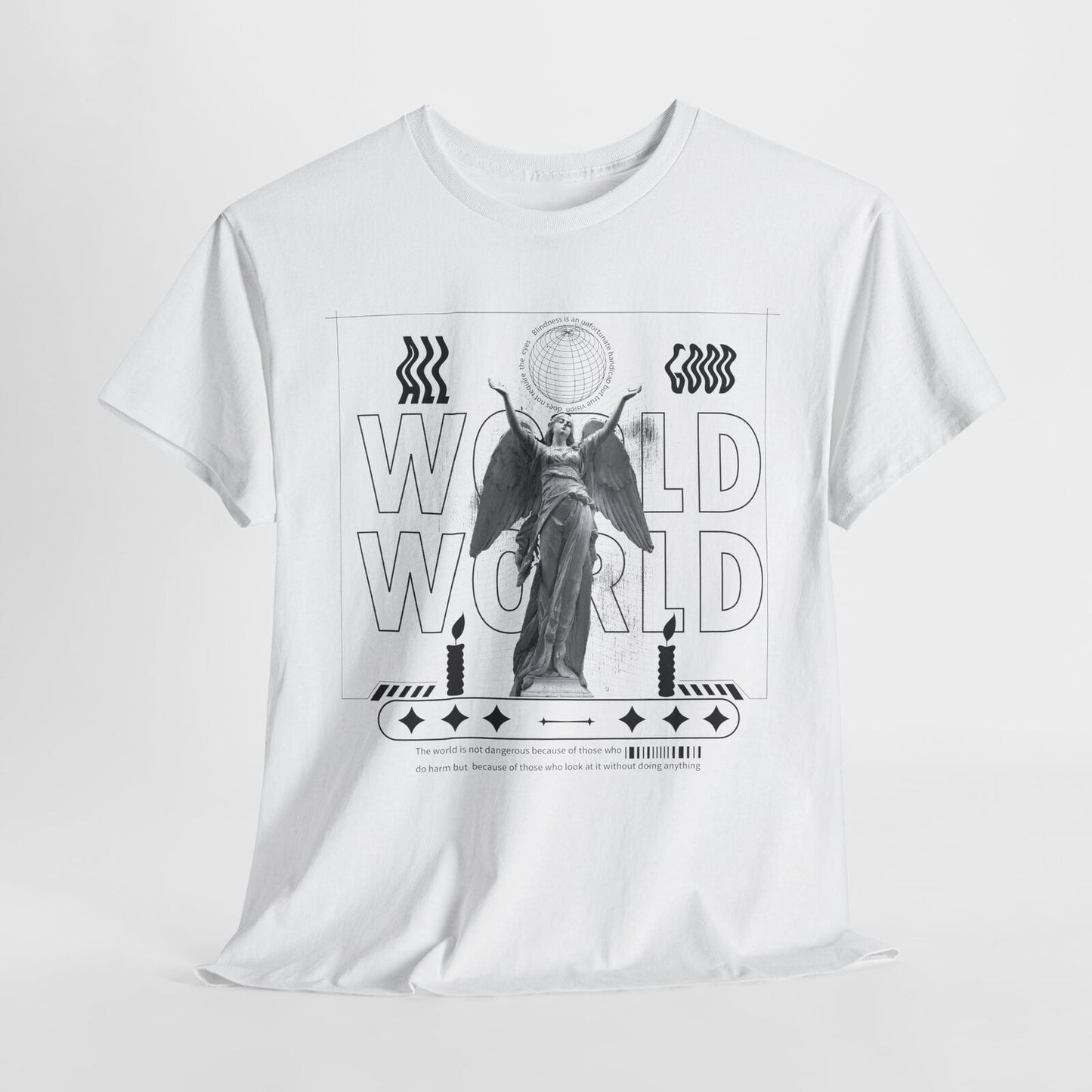 Eye-Catching Men's T-Shirt with Grayscale Angel Statue and Bold "WORLD" Design