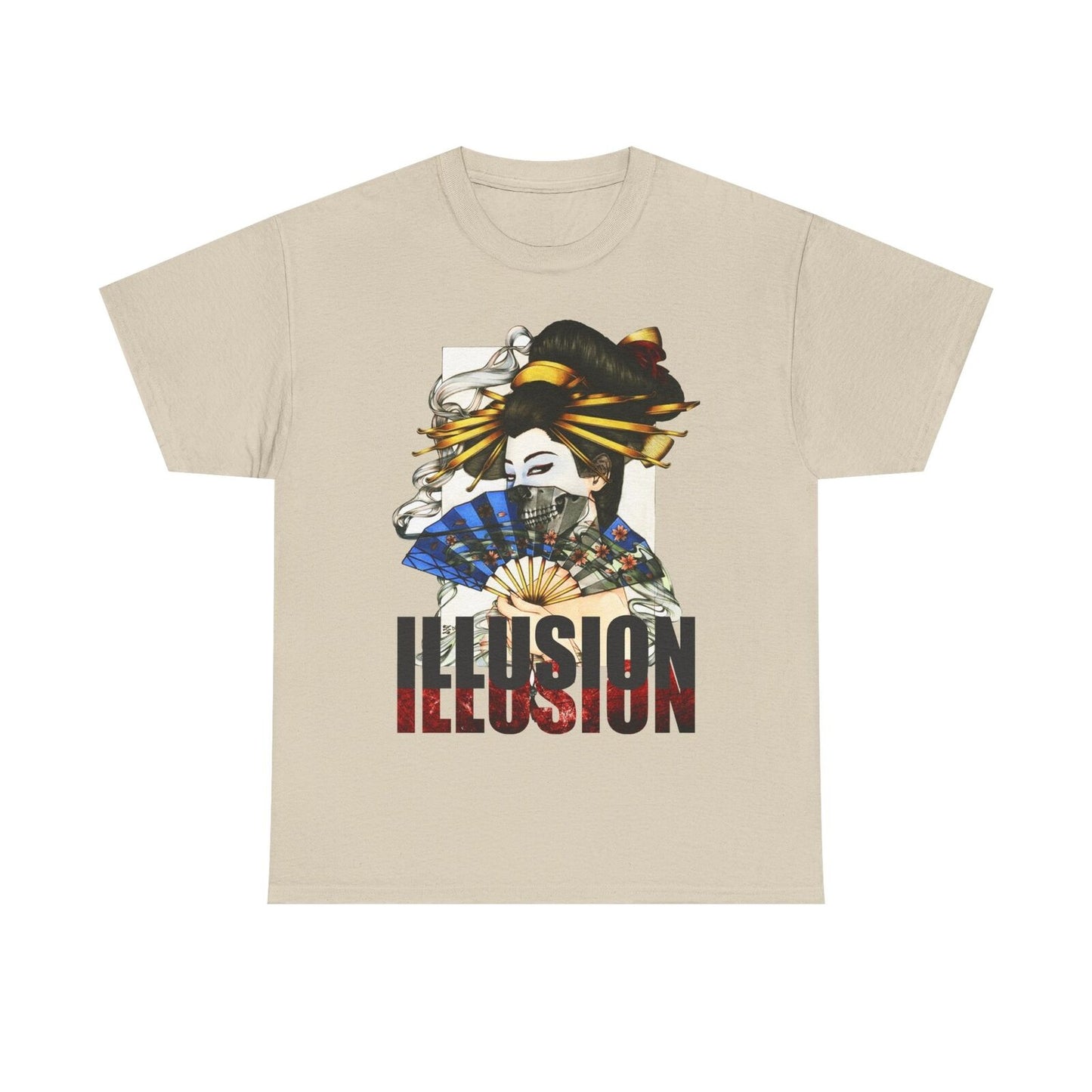 "Men's T-Shirt with Artistic Geisha Design: Vibrant, Mysterious Illusion Print"