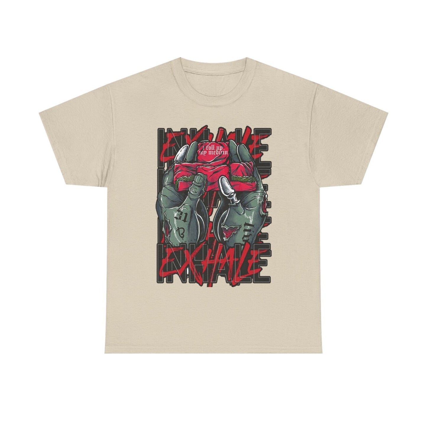 "Men's T-Shirt with Bold Zombie Hands Graphic: 'Inhale Exhale' Statement Design"