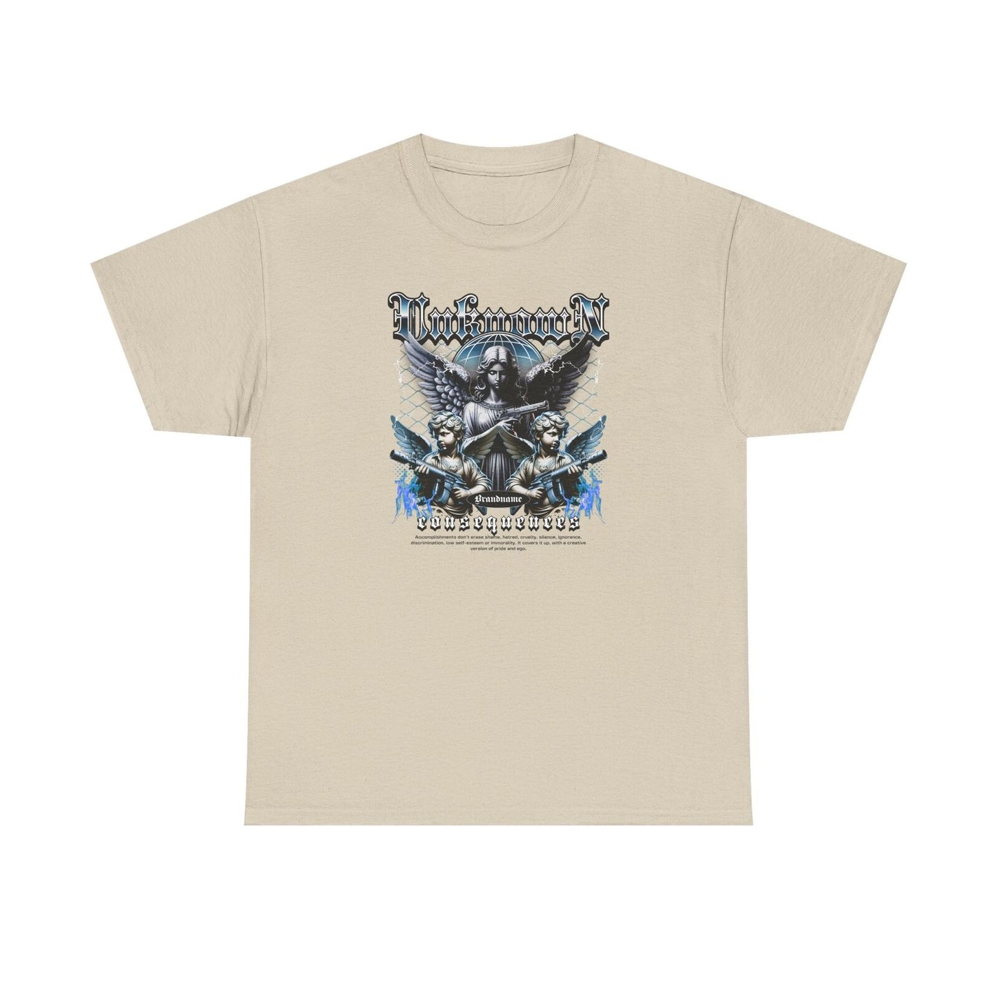 Stylish Men's T-Shirt with Cherubs Holding Guns - Bold "Consequences" Graphic
