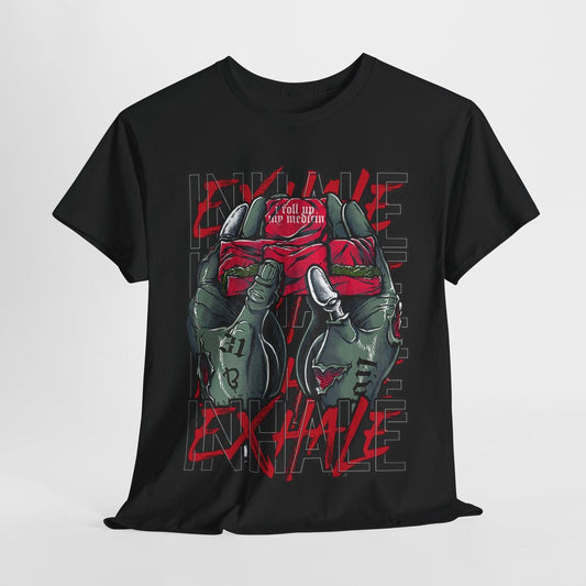 "Men's T-Shirt with Bold Zombie Hands Graphic: 'Inhale Exhale' Statement Design"