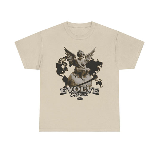 Stylish Men's T-Shirt with Evolve Eternal Logo Featuring Cherubic Angel & Globe