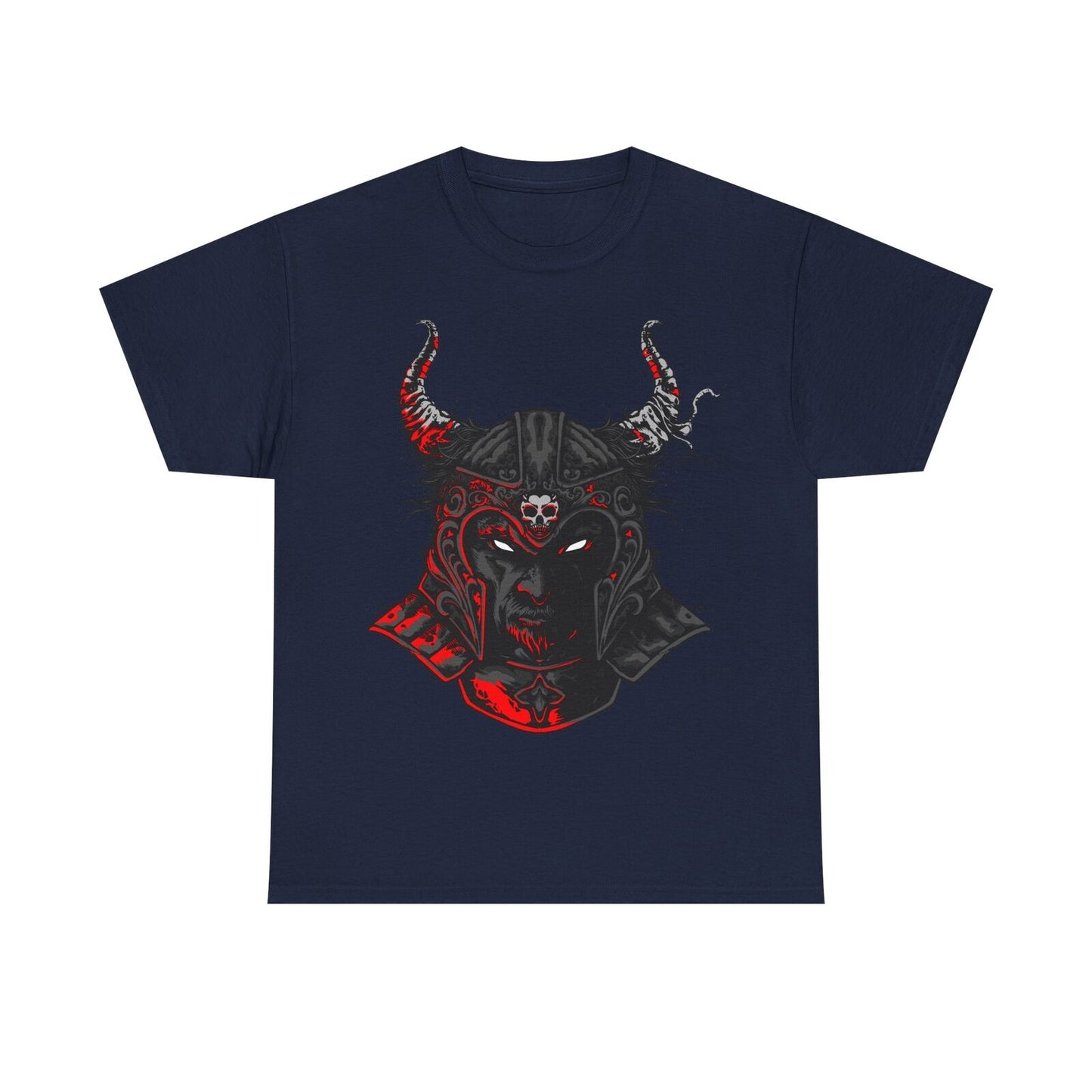 "Dark Warrior Men's T-Shirt: Intricate Helmet Design Bold Red and Gray Accents"