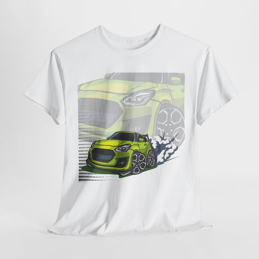 Dynamic Lime Green Car T-Shirt Speedy Suzuki Swift Graphic for Enthusiasts