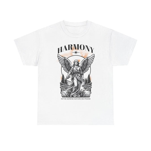 Mens T-Shirt with Monochromatic Winged Angel Design Serene Nature Landscape Art