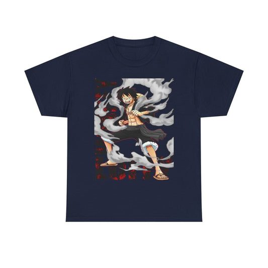 Dynamic One Piece Men's T-Shirt with Monkey D. Luffy Action Pose Graphic Design