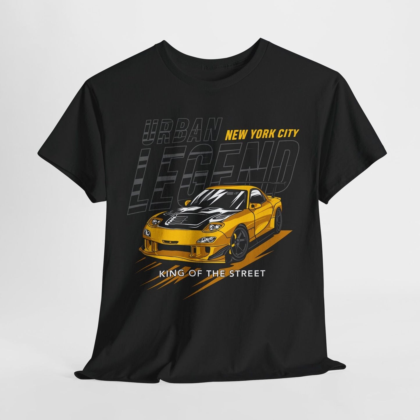 Dynamic Urban Legend T-Shirt Bold Yellow Sports Car Design for Street Style Fans