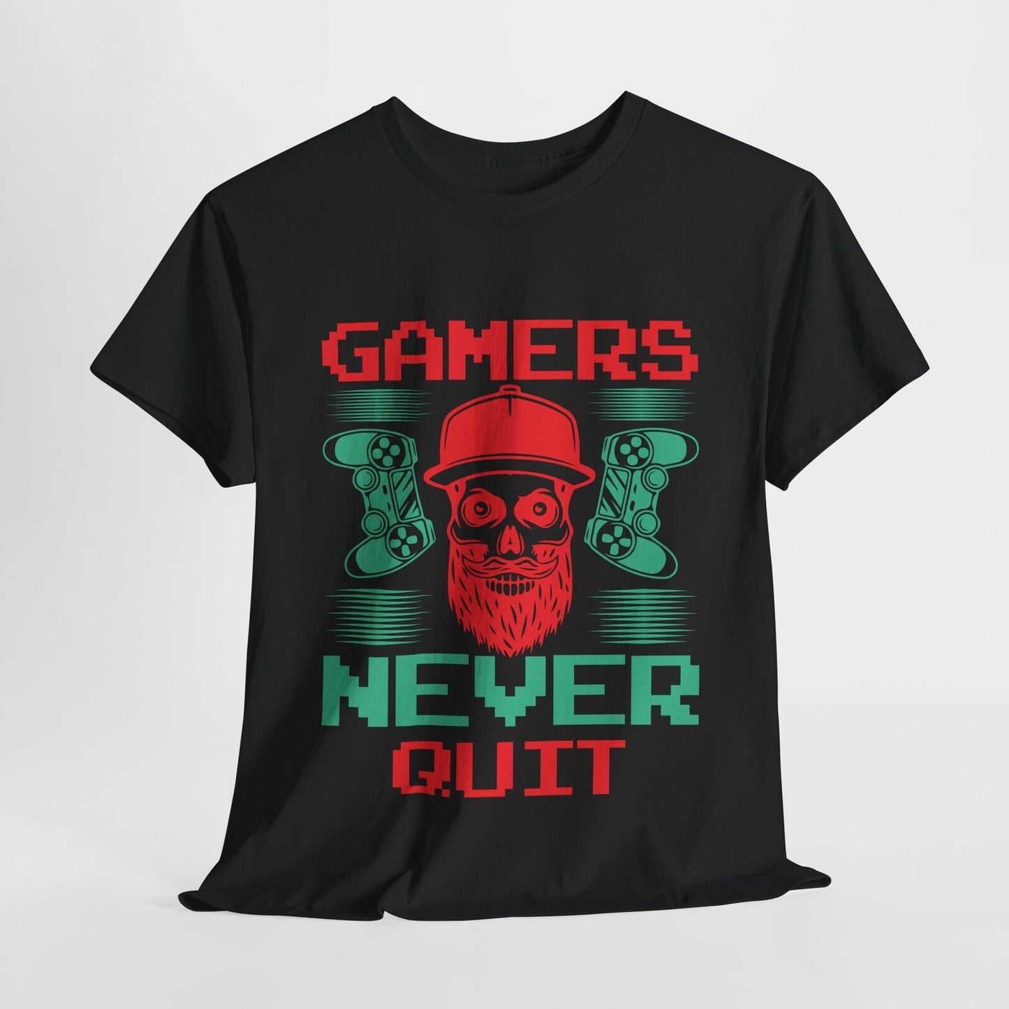 "Funny Motivational Gamer Men's T-Shirt: 'GAMERS NEVER QUIT' Graphic Design"