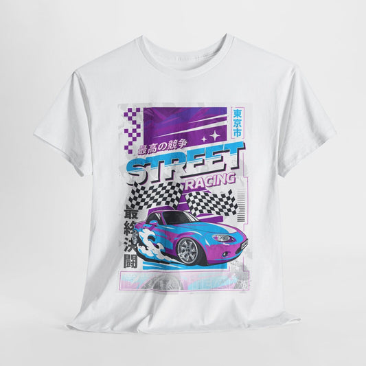 Dynamic Mazda Miata T-Shirt Design: Bold, Retro Street Racing Graphic Apparel!
