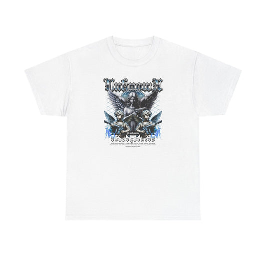 Stylish Men's T-Shirt with Cherubs Holding Guns - Bold "Consequences" Graphic