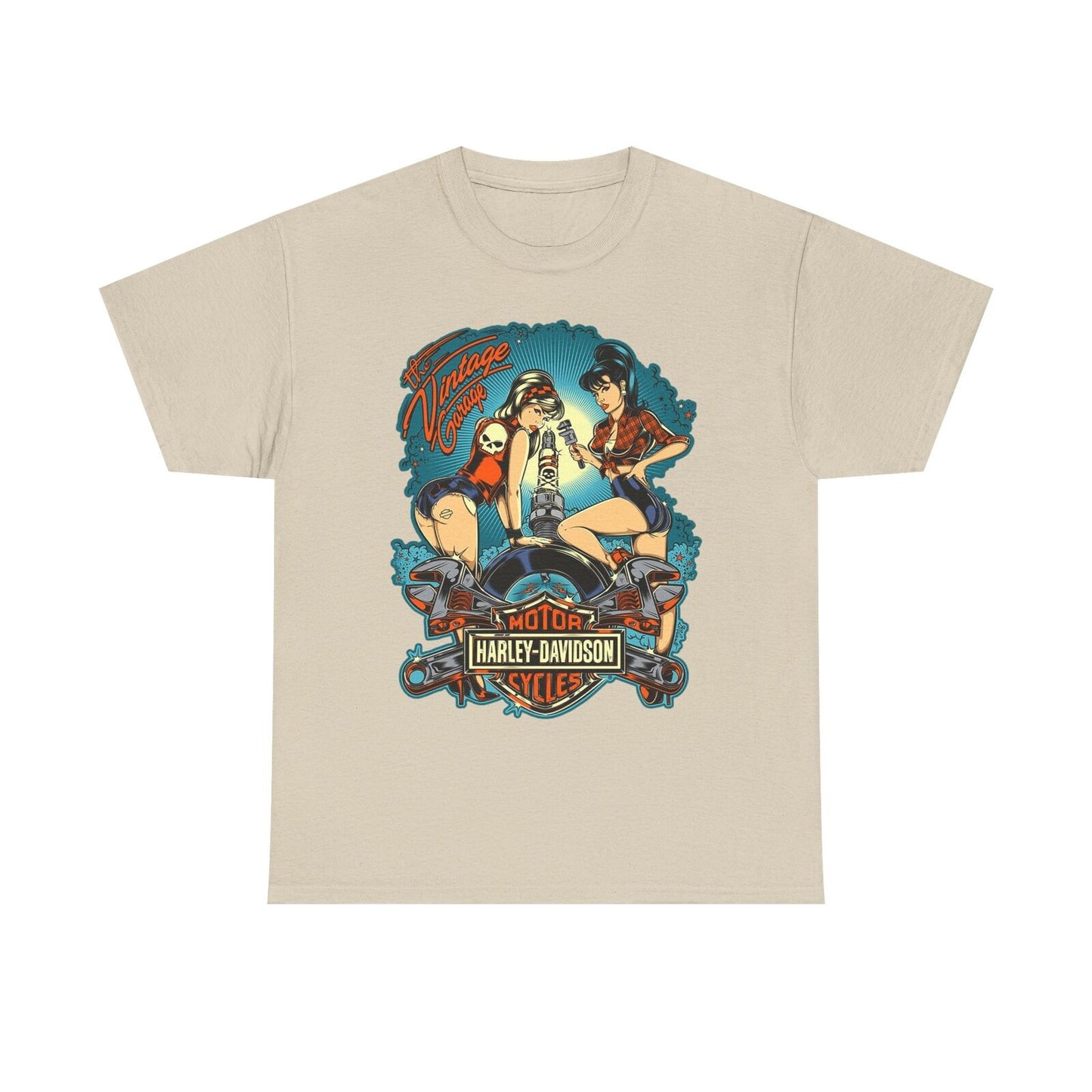 Retro Pin-Up T-Shirt: Garage Glamour with Motorcycle Mechanics & Harley Spirit!