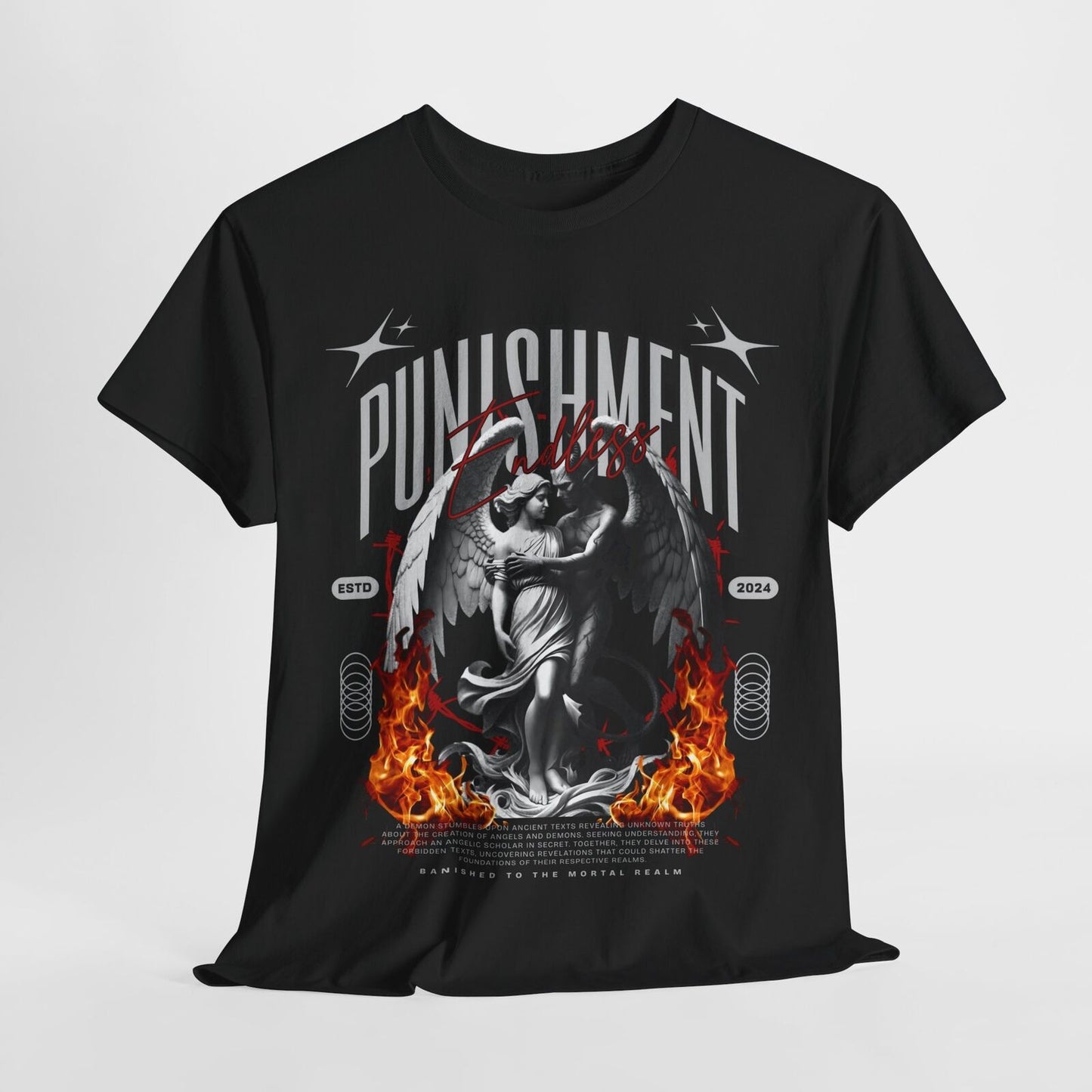 Men's T-Shirt Featuring Fiery Angel and Demon Embrace, Grayscale Graphic Design