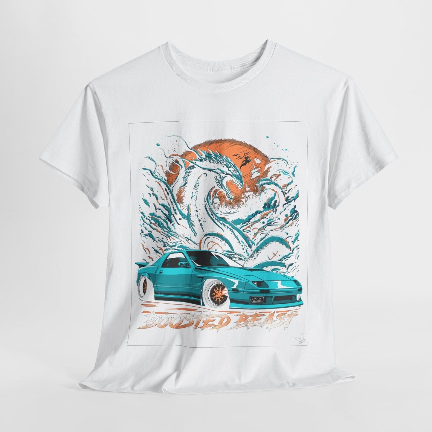 Boosted Beast Turbocharged T-Shirt: Vivid RX-7 Graphic with Ocean Waves Design!