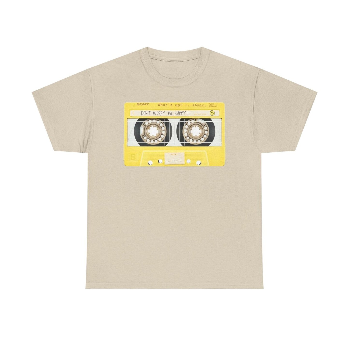 Vintage Sony Cassette Tape T-Shirt - Bright Yellow "Don't Worry Be Happy" Design