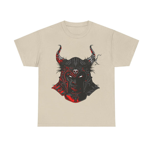 "Dark Warrior Men's T-Shirt: Intricate Helmet Design Bold Red and Gray Accents"