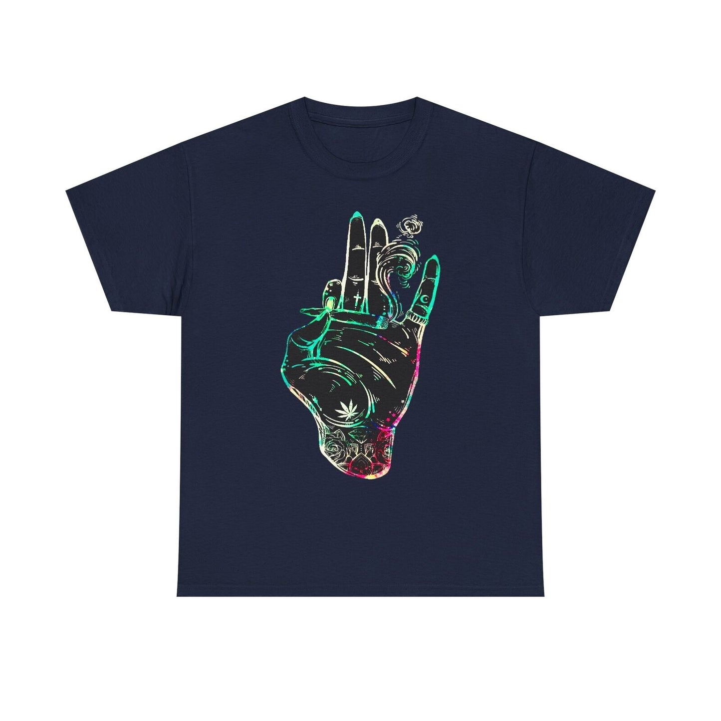 Vibrant Men's T-Shirt Tattoo-Style Hand Holding Joint and Psychedelic Designs