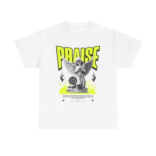 Bold Praise Graphic Men's T-Shirt with Angel Statue Design and Neon Flames Print