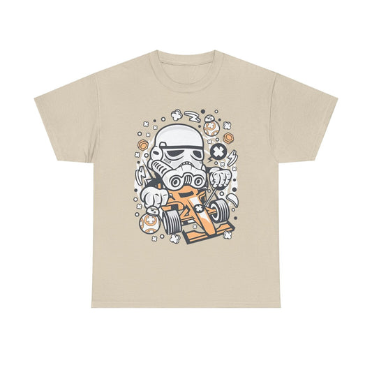 Epic Cartoon Stormtrooper Racing Car T-Shirt: Star Wars Fun and Style Unite!