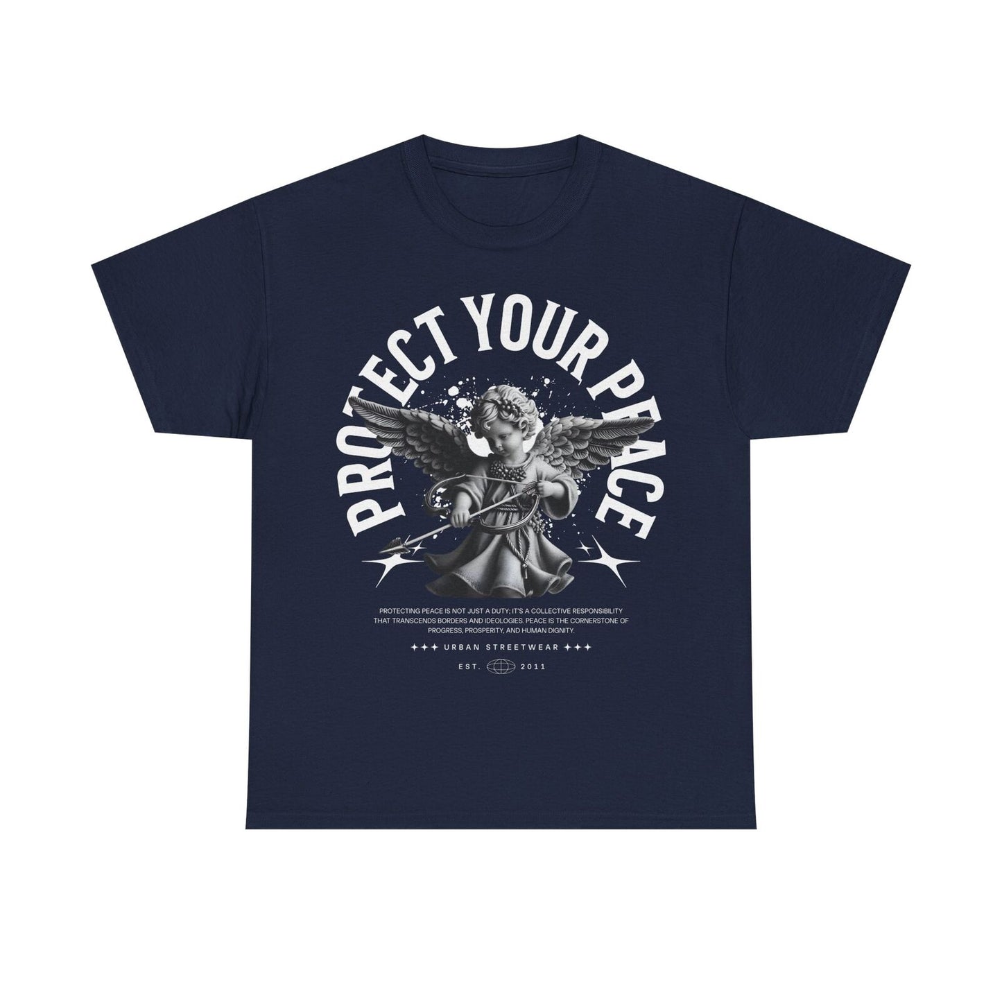 Bold Urban Mens T-Shirt: Protect Your Peace Graphic Design with Cherubic Angel