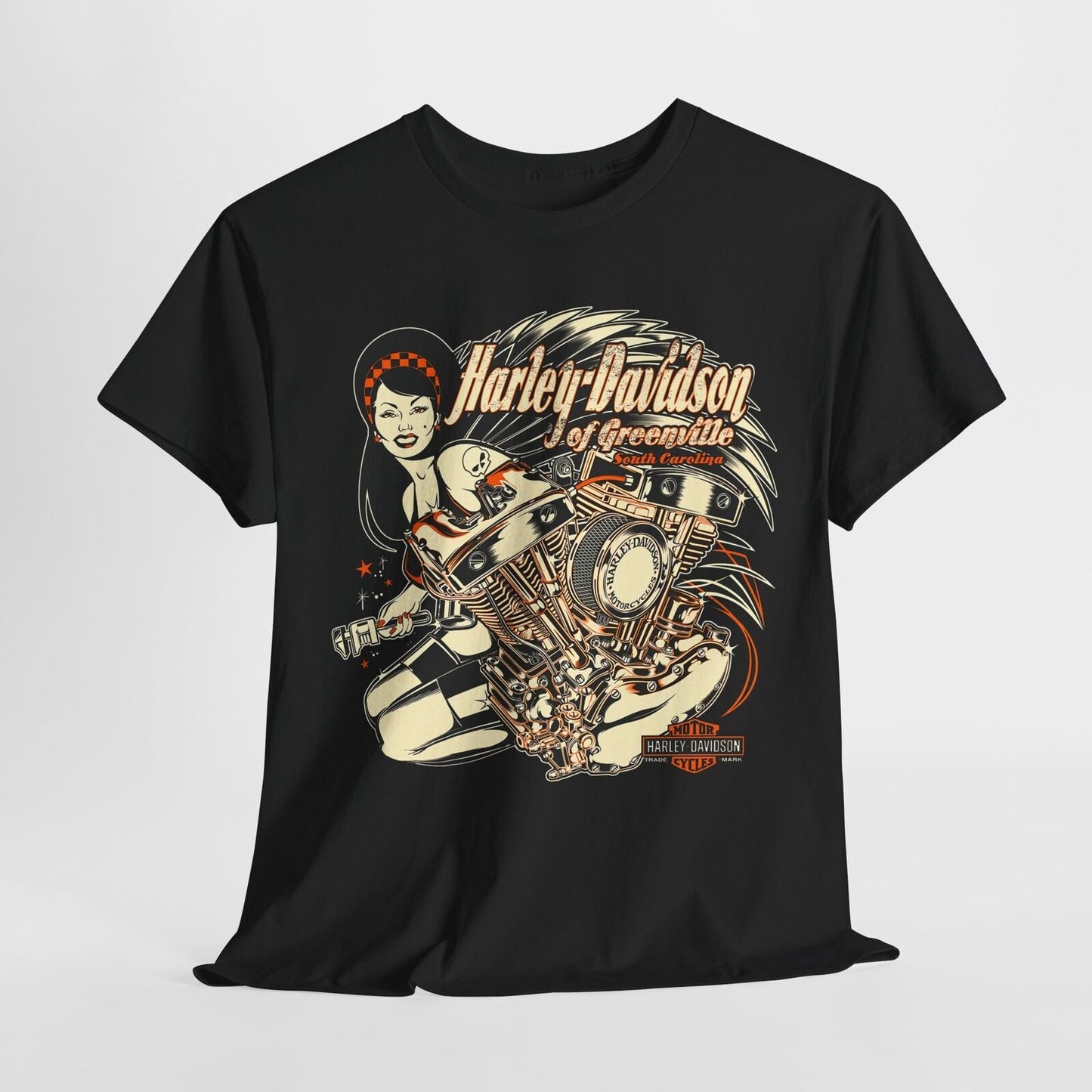 Vintage Harley-Davidson T-Shirt: Bold Pin-Up Design with Engine & Wings Flair!