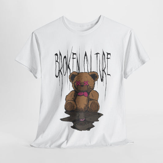 "Bold 'BROKEN CULTURE' T-Shirt with Distressed Teddy Bear in Punk Rock Style!"