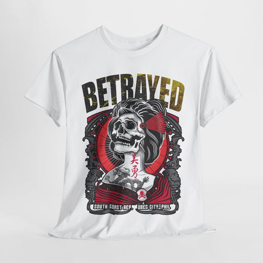 Stylish Men's T-Shirt Featuring Bold Skull Geisha with Dragon and Betrayed Text
