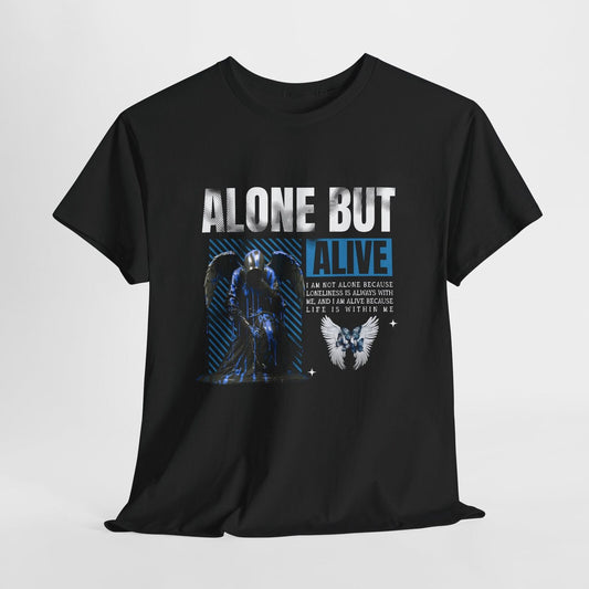 Men's T-Shirt: Bold 'ALONE BUT ALIVE' Graphic with Winged Statue & Angel Wings